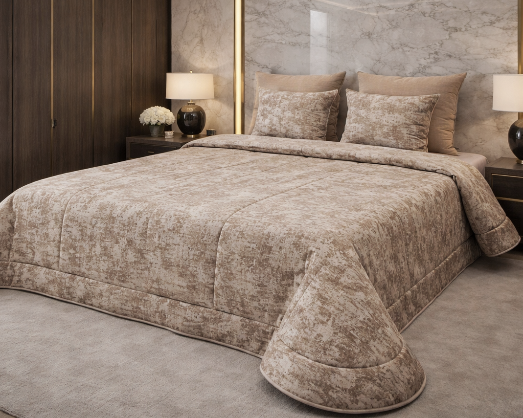 Colcha e almofadas bege com padrão abstracto numa cama king size.