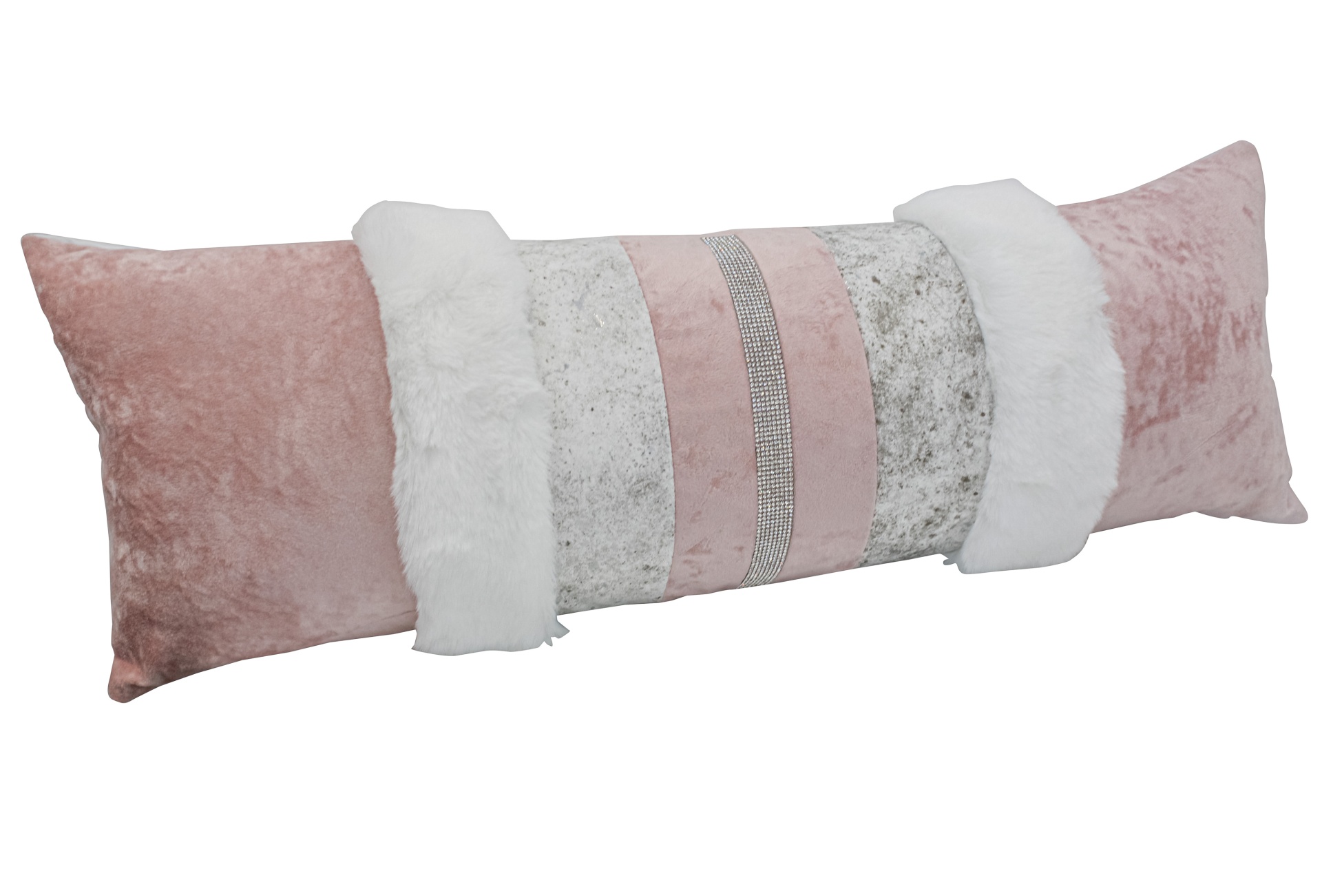 Almofada decorativa retangular com cores rosa, branco e cinza e detalhes texturizados