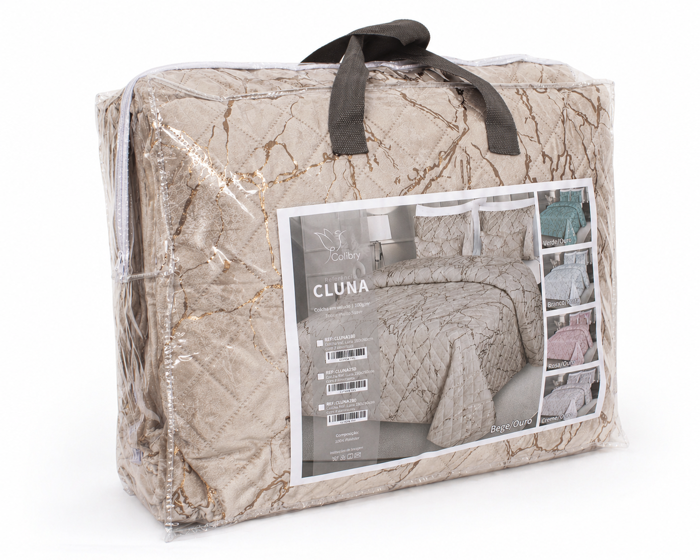Colcha bege com padrão dourado em embalagem transparente com etiqueta que mostra variações de cores e informações do produto.