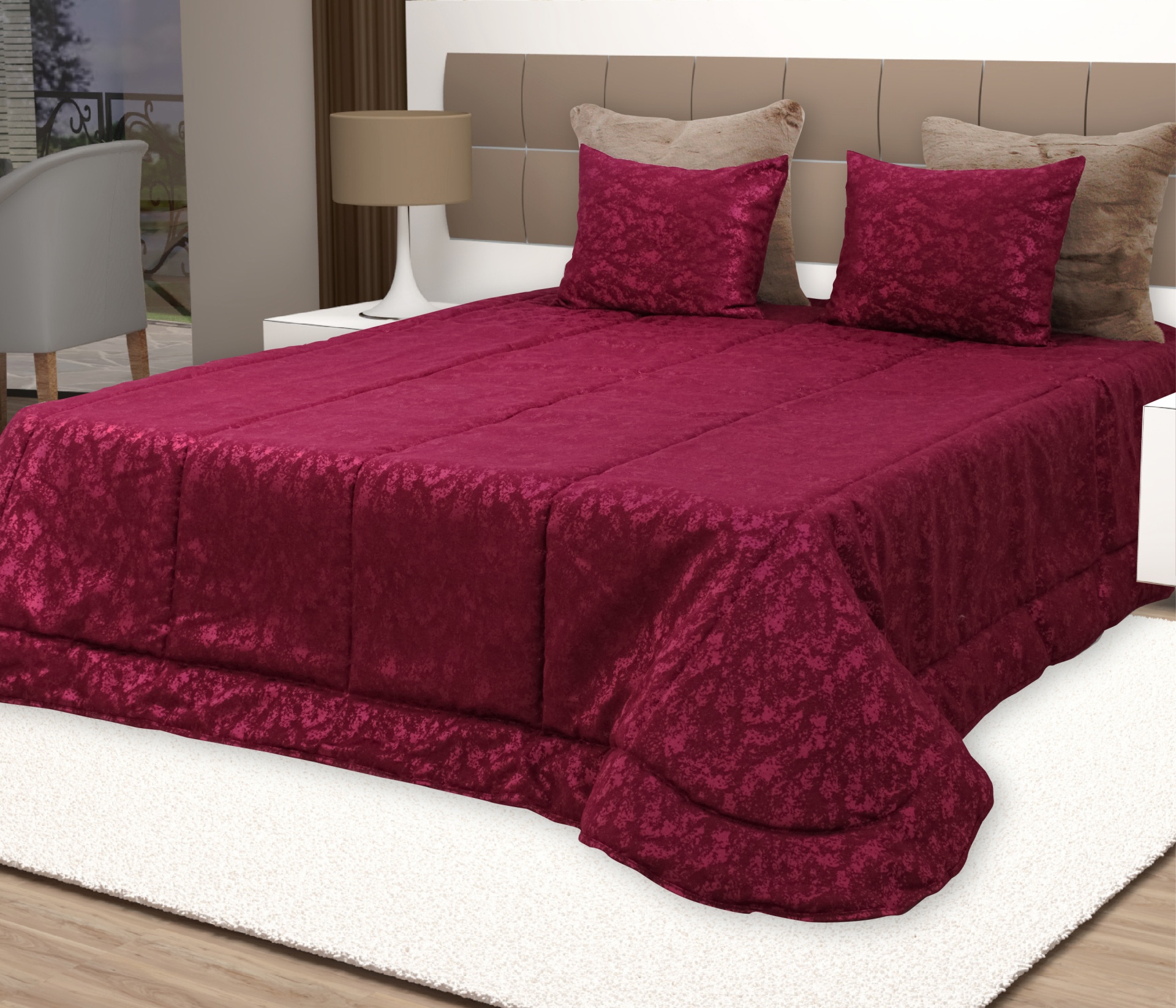 Cama de casal com colcha e almofadas vermelhas e bege em quarto moderno