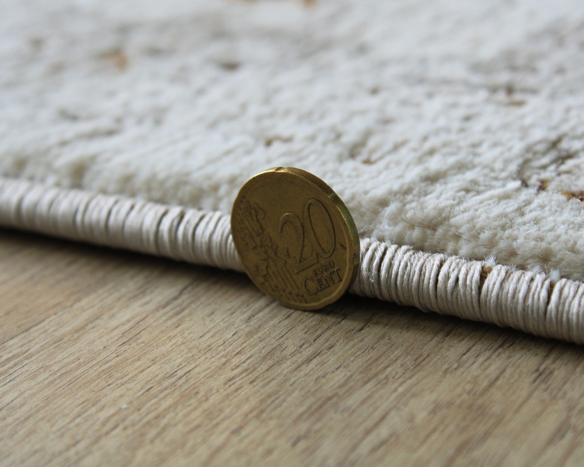 Tapete bege claro com borda grossa junto a moeda de 20 centavos em chão de madeira
