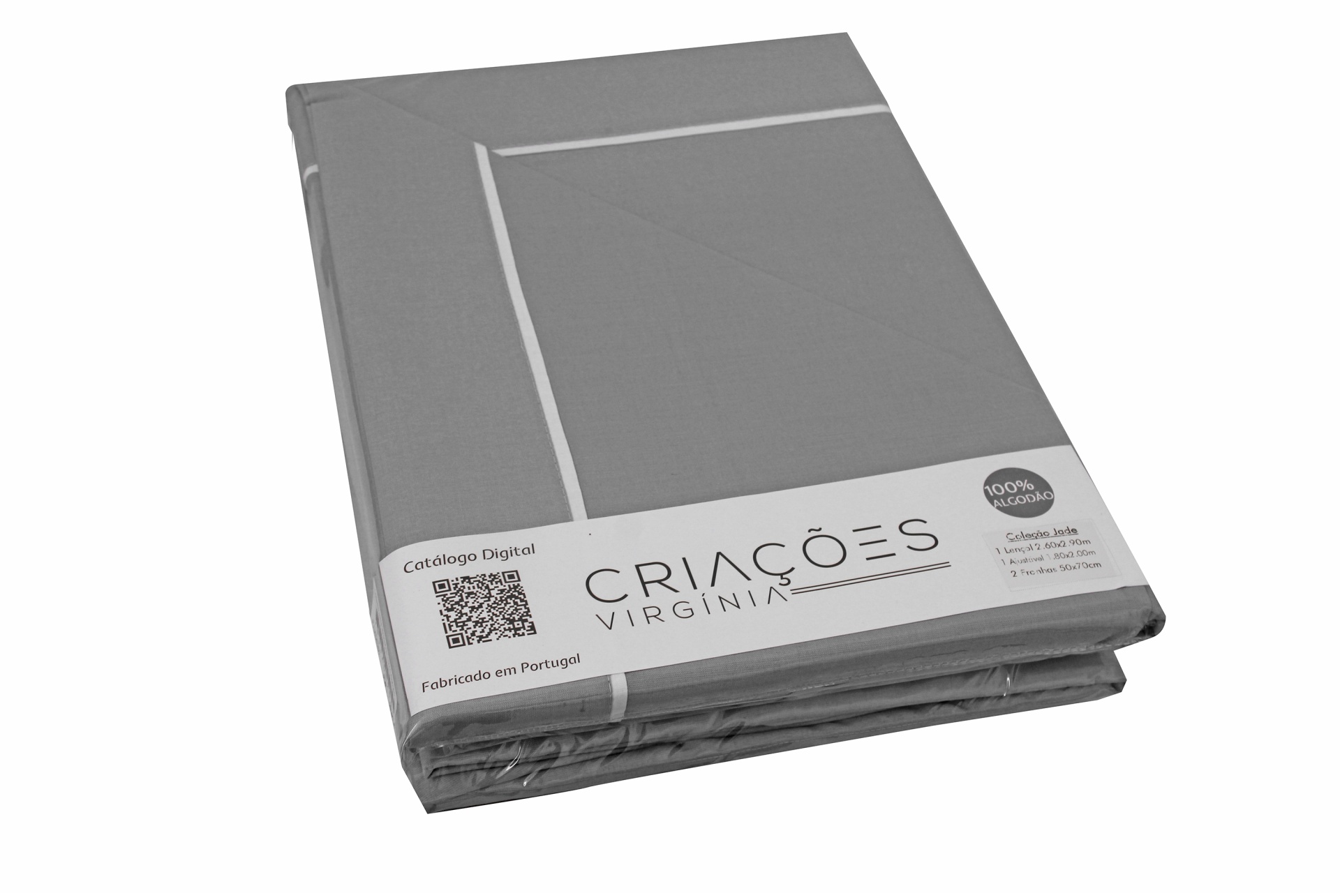 tecido cinzento com linhas brancas e etiqueta escrita CRIAÇÕES VIRGINIA