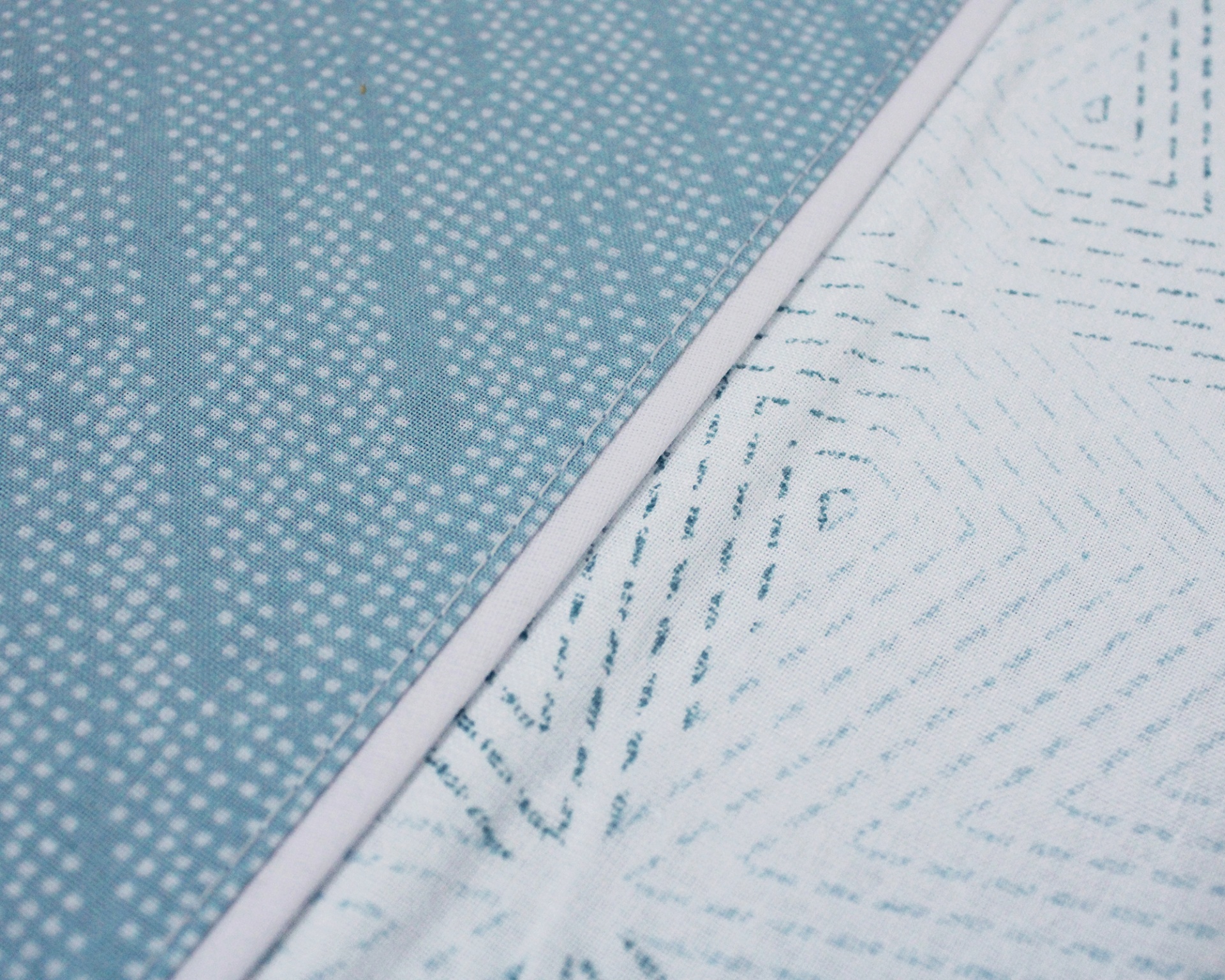 Tecido azul claro com pontos brancos e costura branca