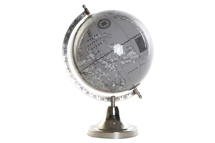Globo terrestre cinzento com suporte metálico prateado