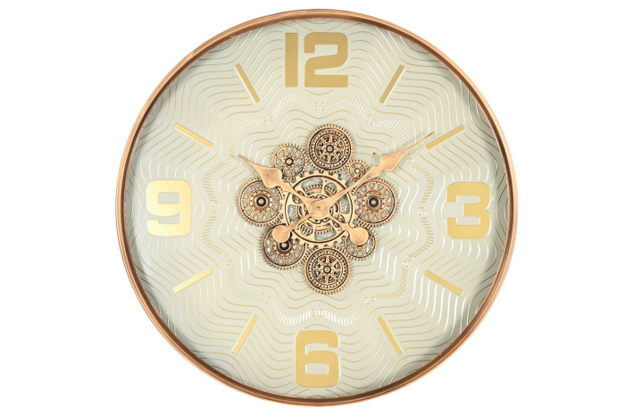 Relógio de parede redondo dourado com mostrador branco e números dourados