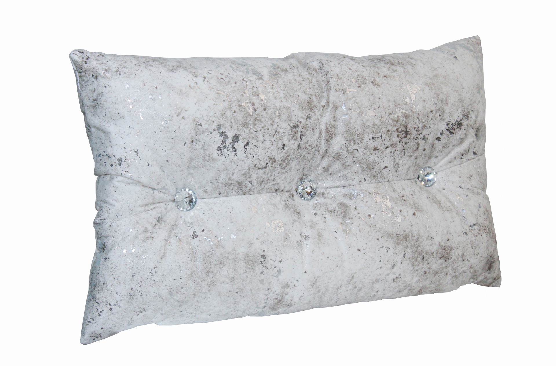 Almofada retangular cinzenta com textura aveludada e botões brilhantes