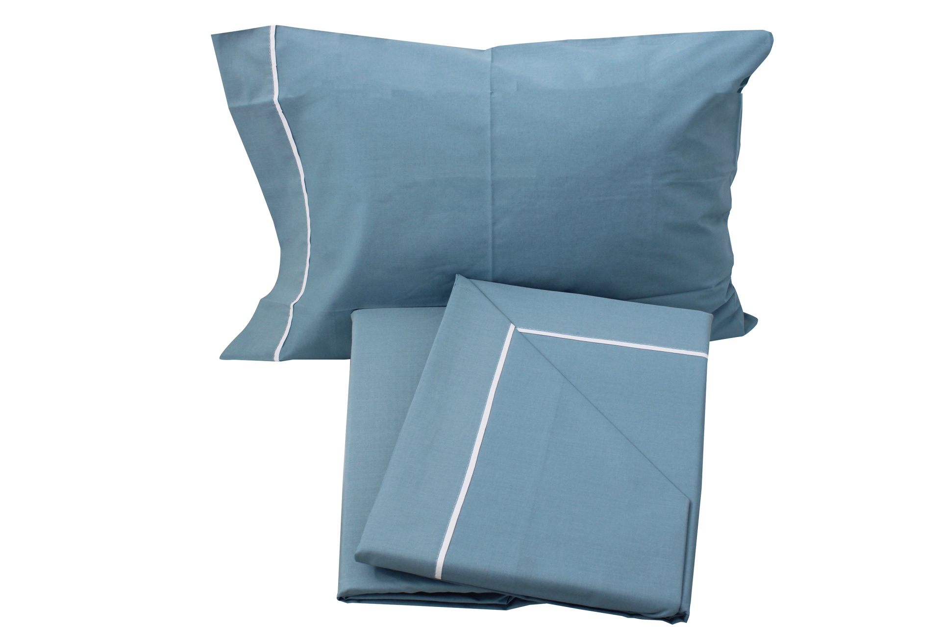 Conjunto de roupa de cama azul com linha branca nas bordas