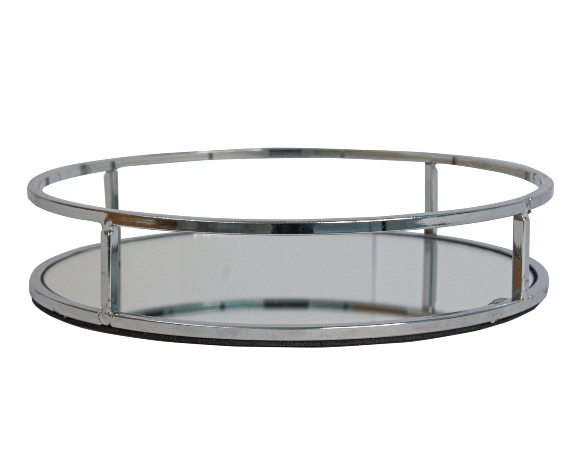 Bandeja redonda metálica cromada com base espelhada