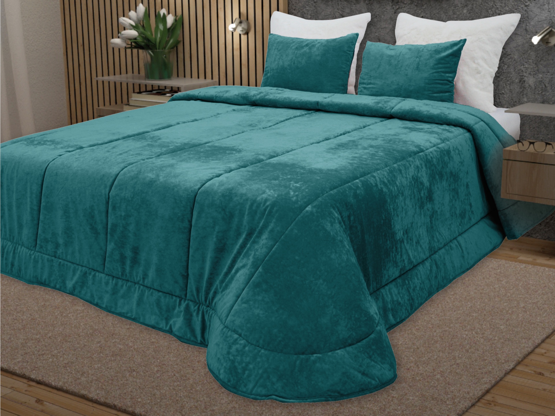 Edredão verde-azulado aveludado com almofadas na mesma cor numa cama branca em quarto moderno