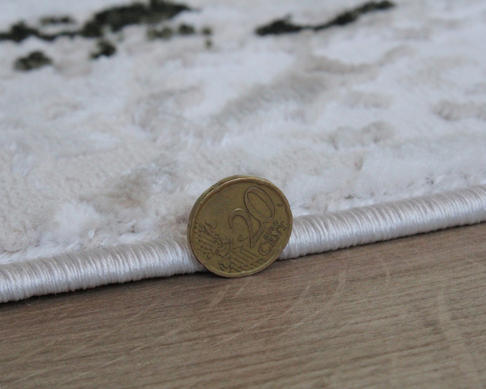 Moeda de 20 cêntimos à beira de tapete branco felpudo