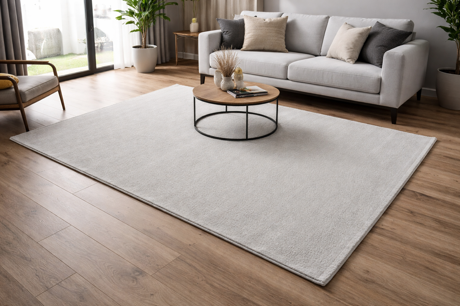 Tapete cinzento claro em sala de estar moderna com sofá e mesa de centro redonda