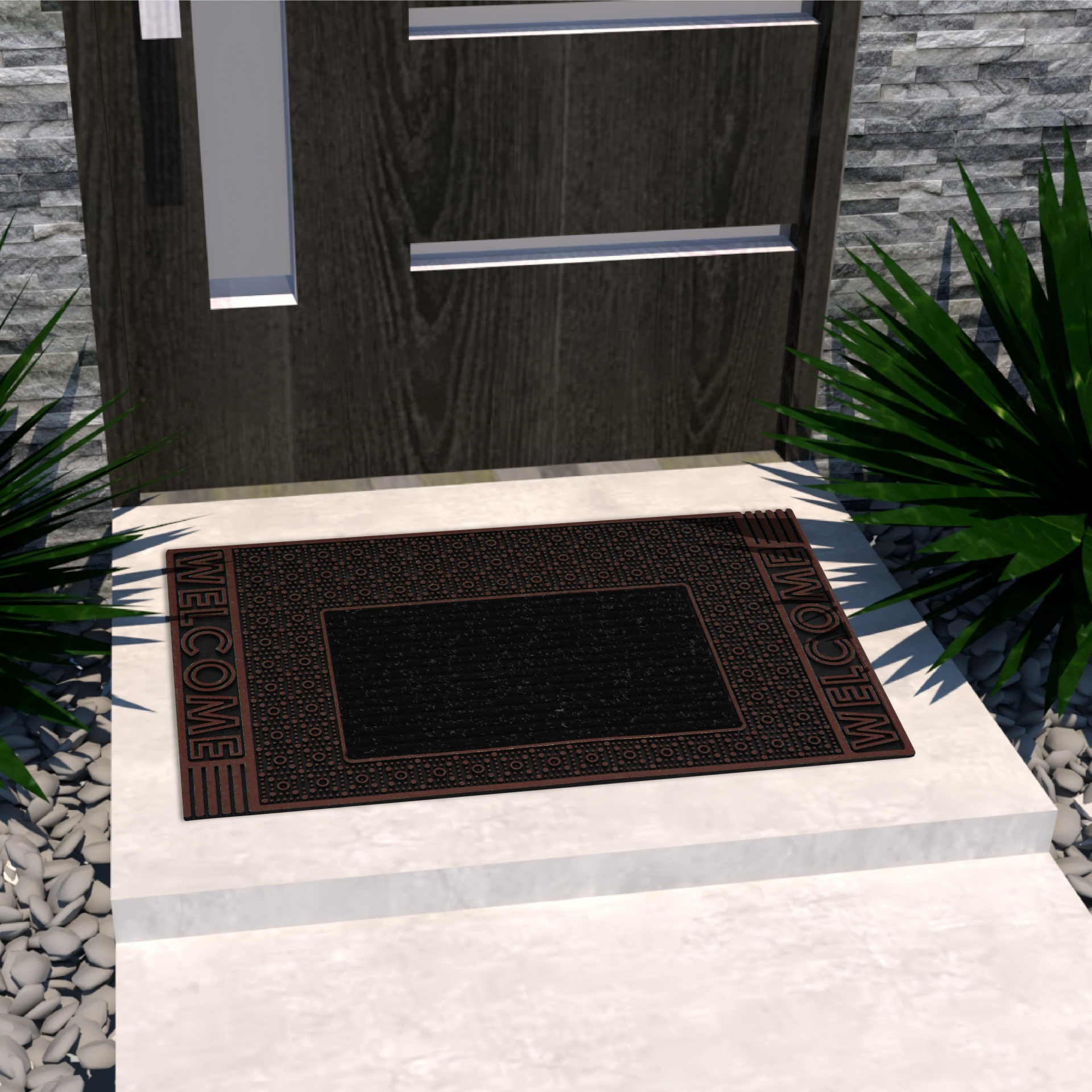 Tapete de boas-vindas preto com texto e entrada moderna