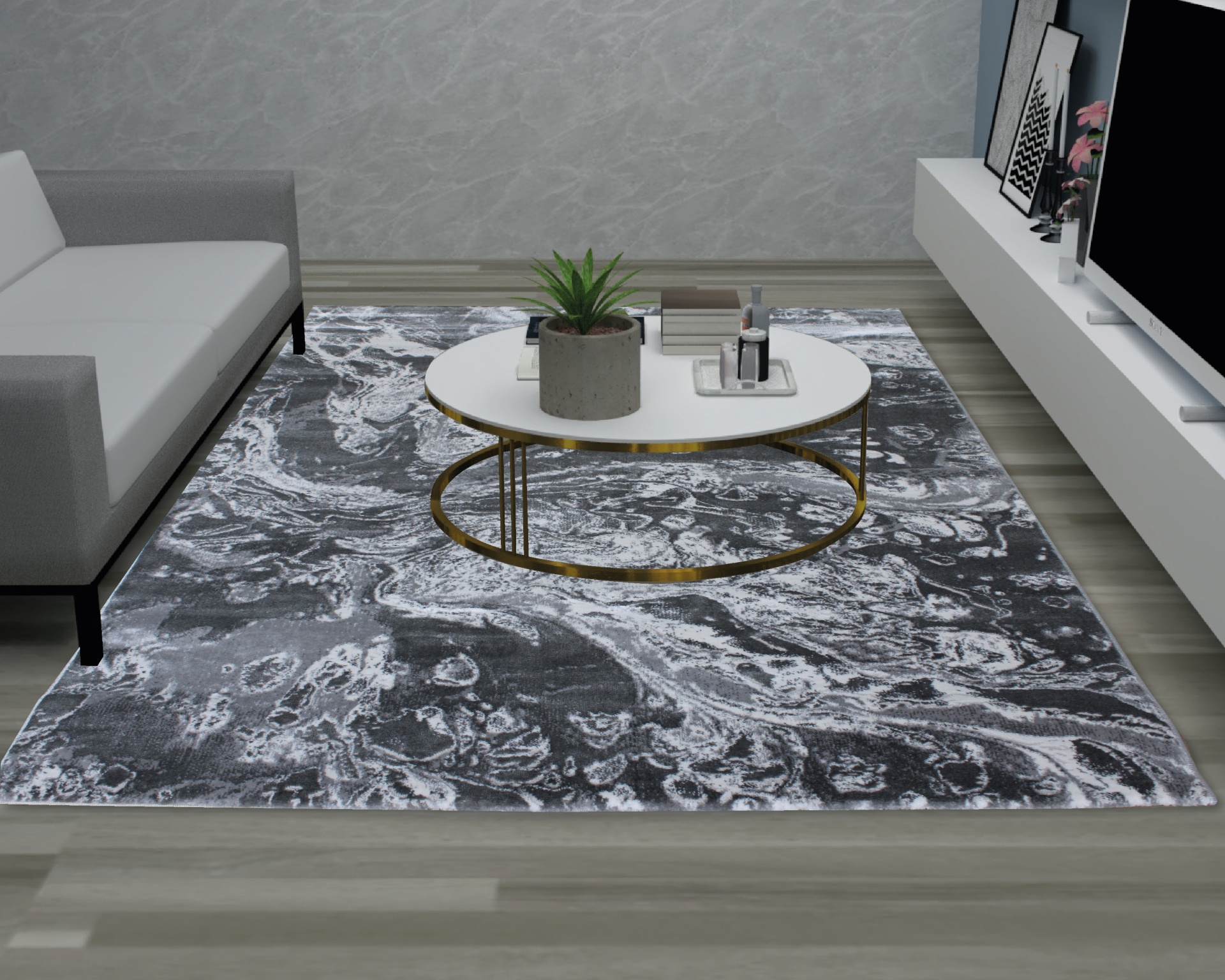 Tapete marmoreado preto, cinzento e branco com mesa de centro redonda branca e dourada e sofá cinzento