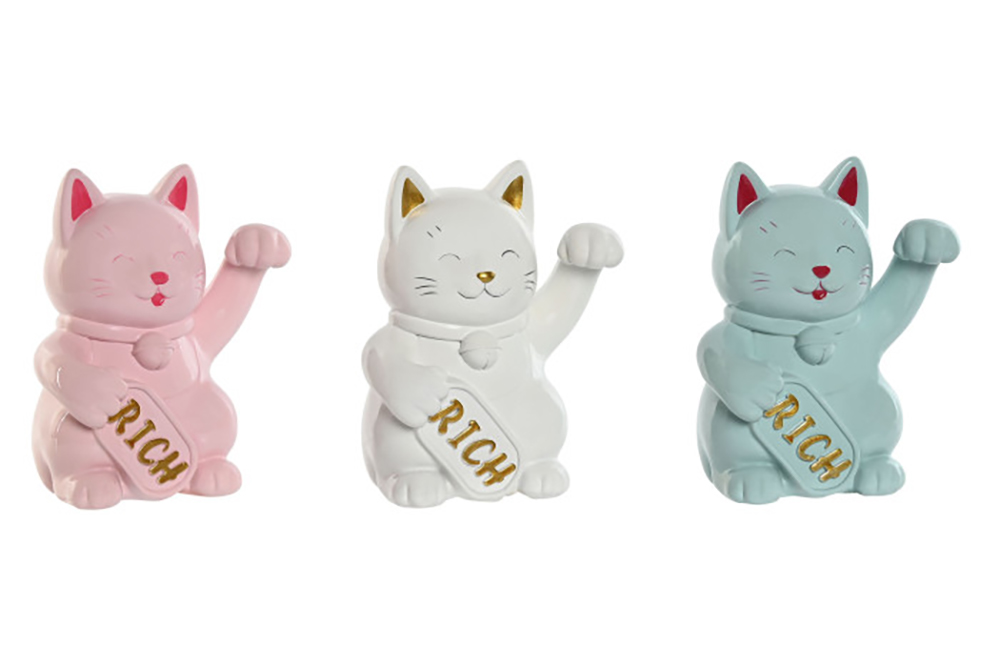 Três estátuas de gatos da sorte em cerâmica coloridos com a palavra RICH