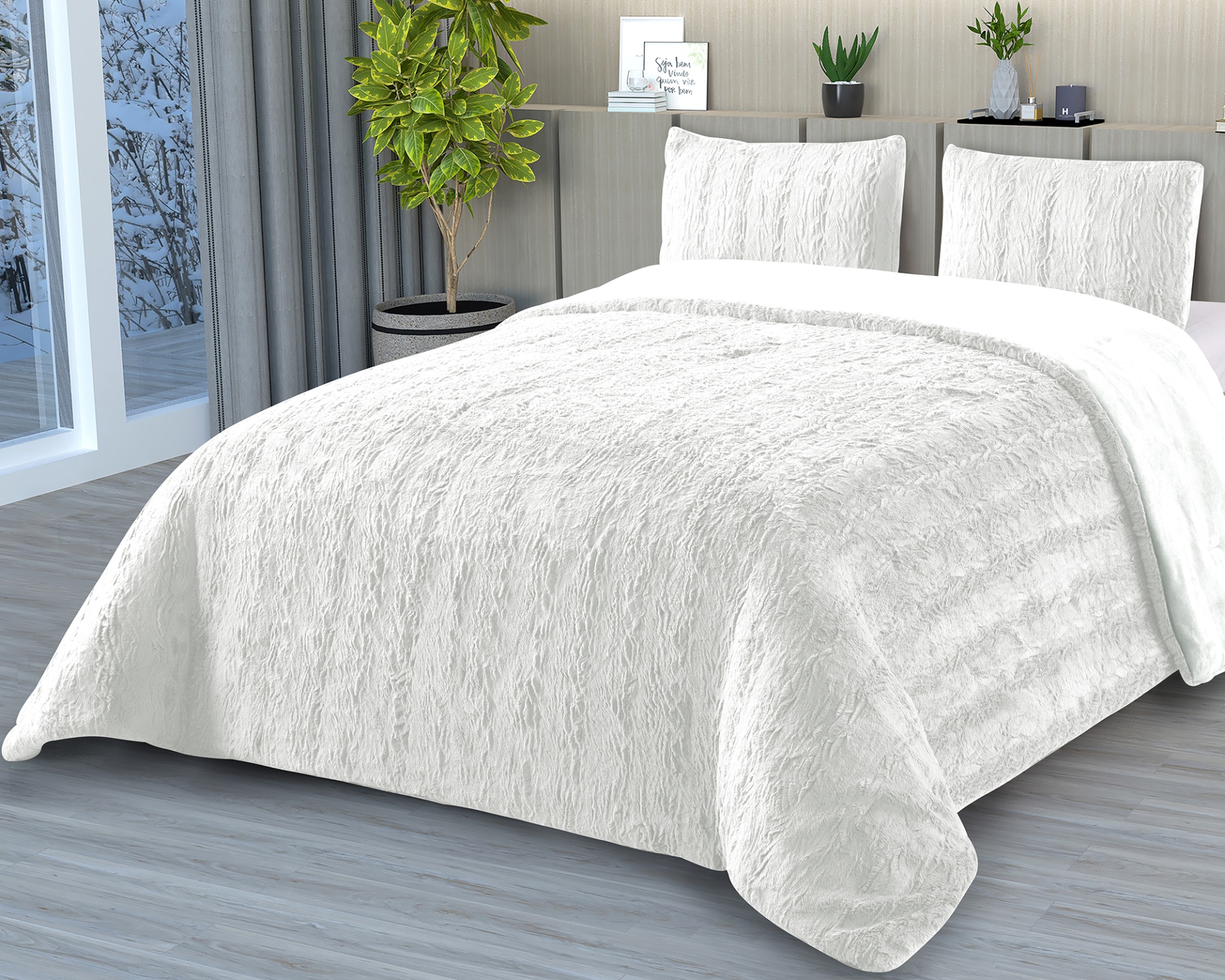 Colcha e almofadas brancas com textura rugosa em cama de madeira clara