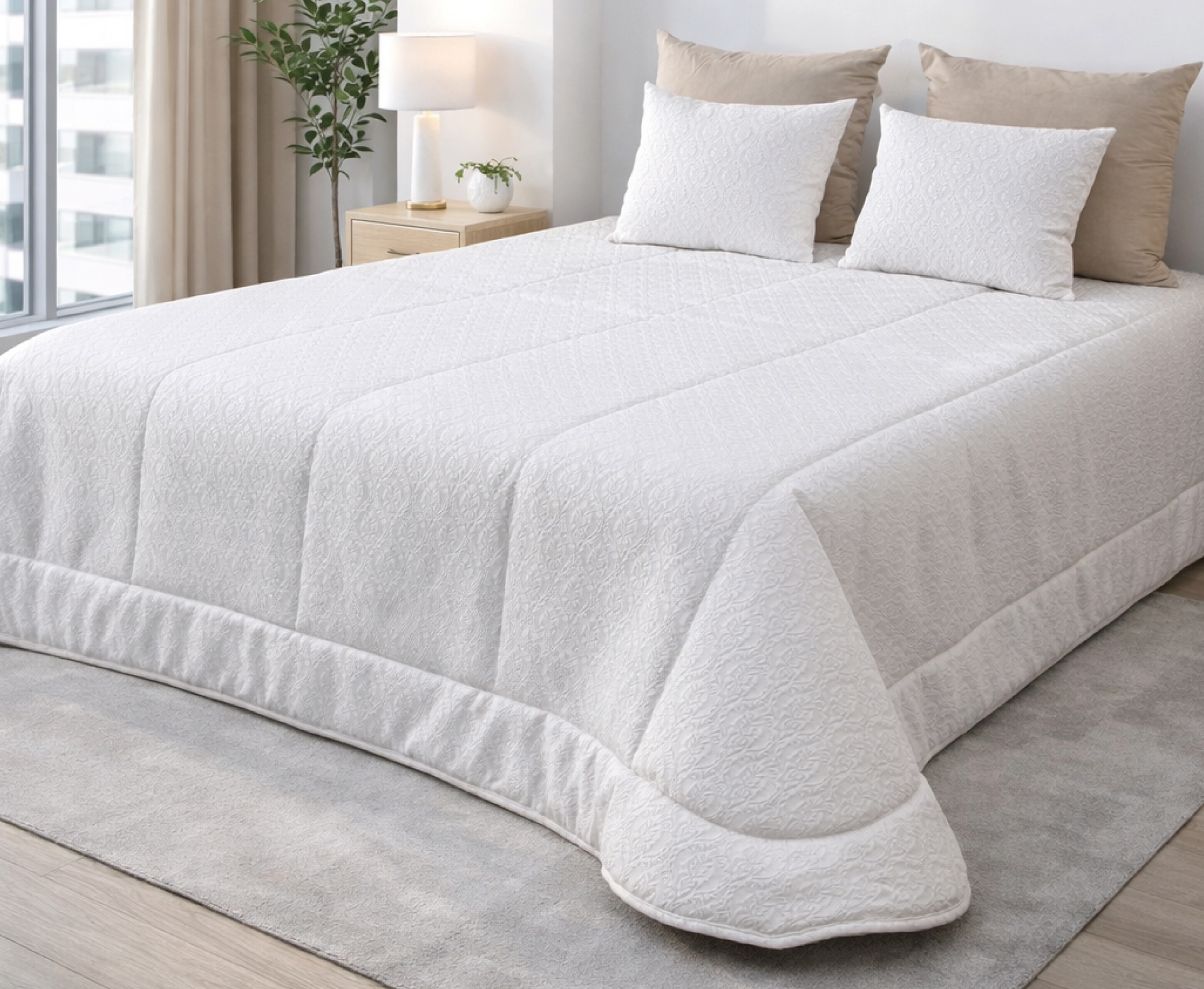 Colcha branca acolchoada com padrão floral e almofadas em cama moderna num quarto minimalista