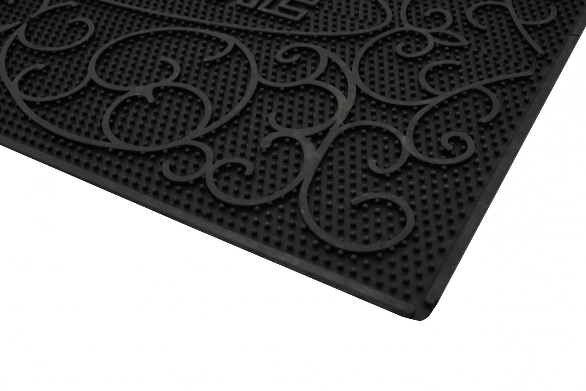 Tapete preto com padrão intricado curvilíneo e textura perfurada