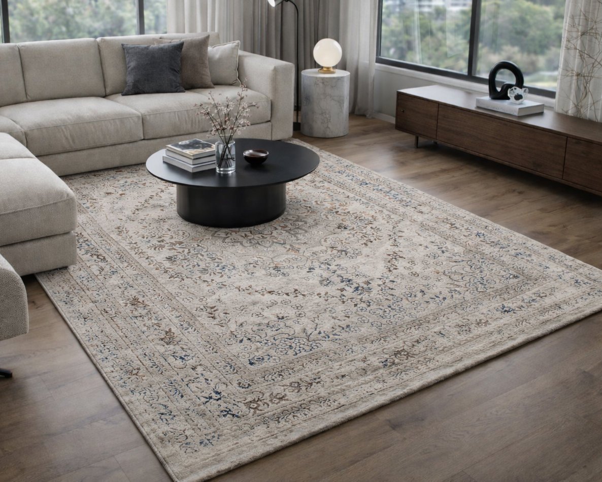 Tapete decorativo bege com padrão floral em sala com sofá cinza, mesa preta, candeeiro e móvel de madeira.