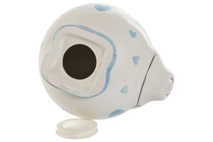 Figura cerâmica branca em forma de porco com corações azuis e rosa