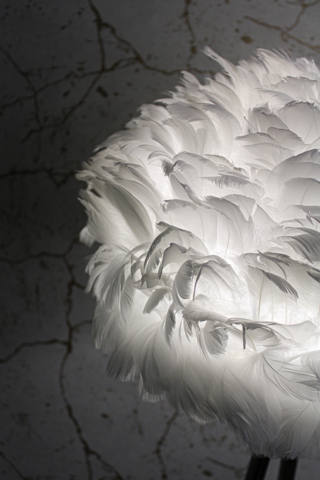 Abajur com cúpula de penas brancas iluminado