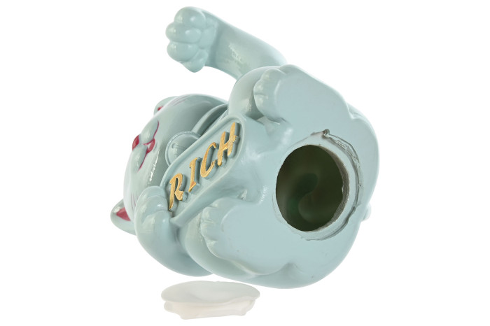 Boneco de cerâmica azul claro com texto 'RICH' em dourado na perna