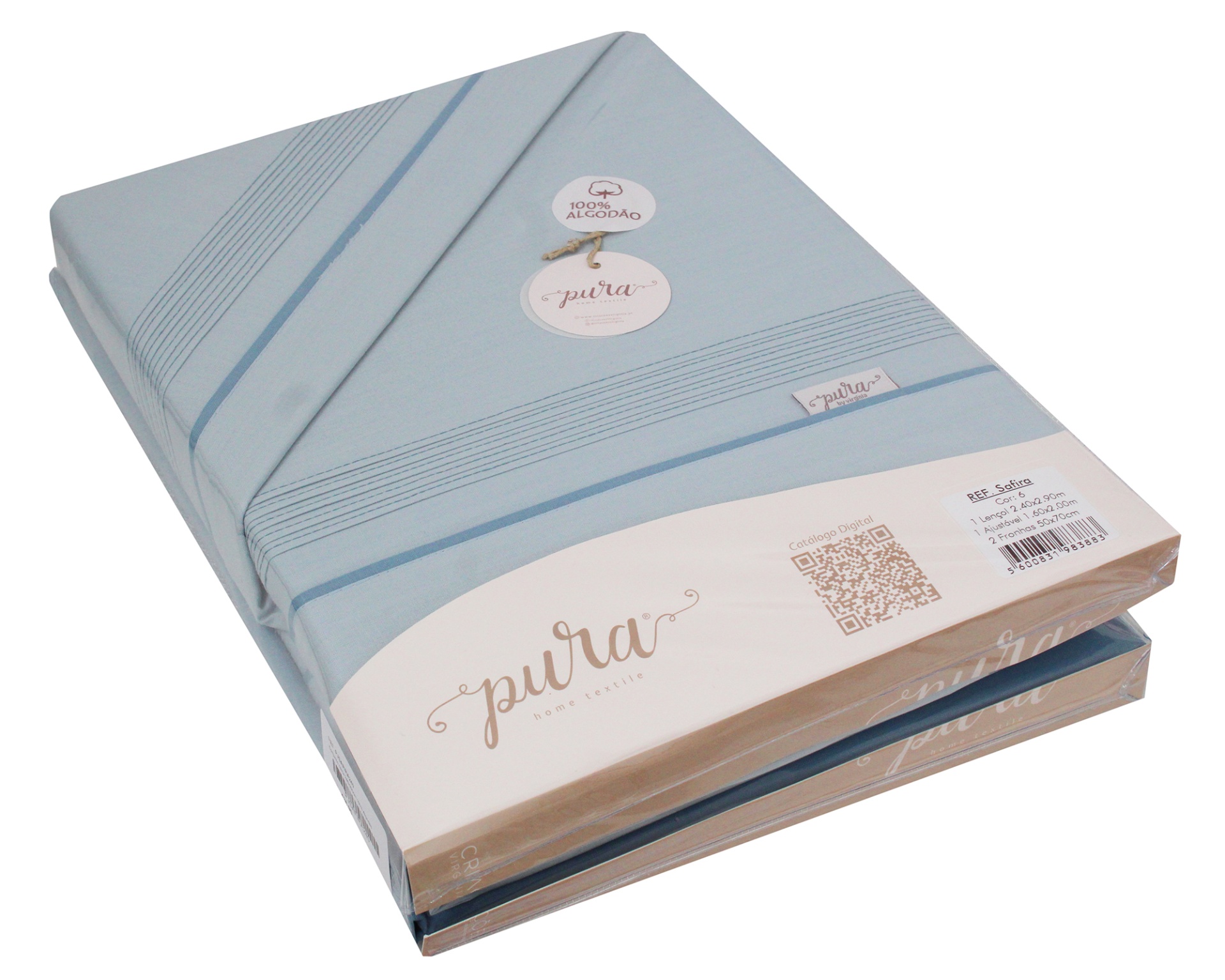 Jogo de lençóis azul claro com riscas e etiqueta da marca Pura