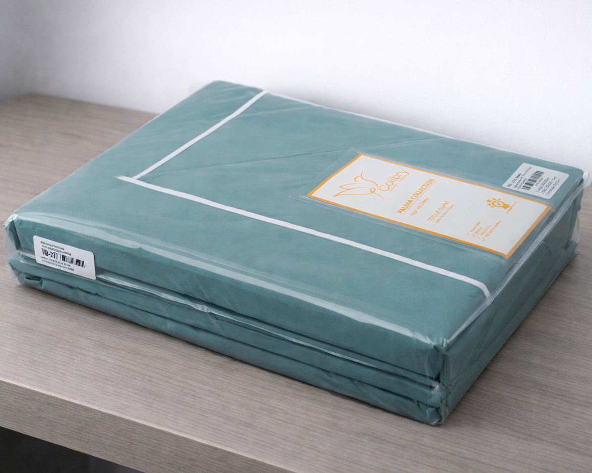 Pack de três lençóis de cama verdes embalados em plástico transparente com etiqueta branca e laranja