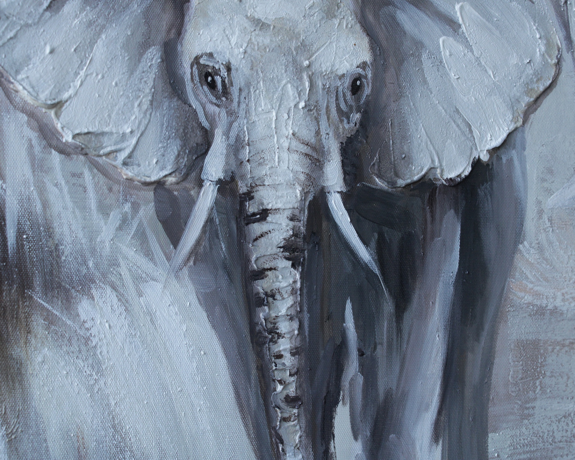 Pintura em tela de um elefante cinzento com texturas
