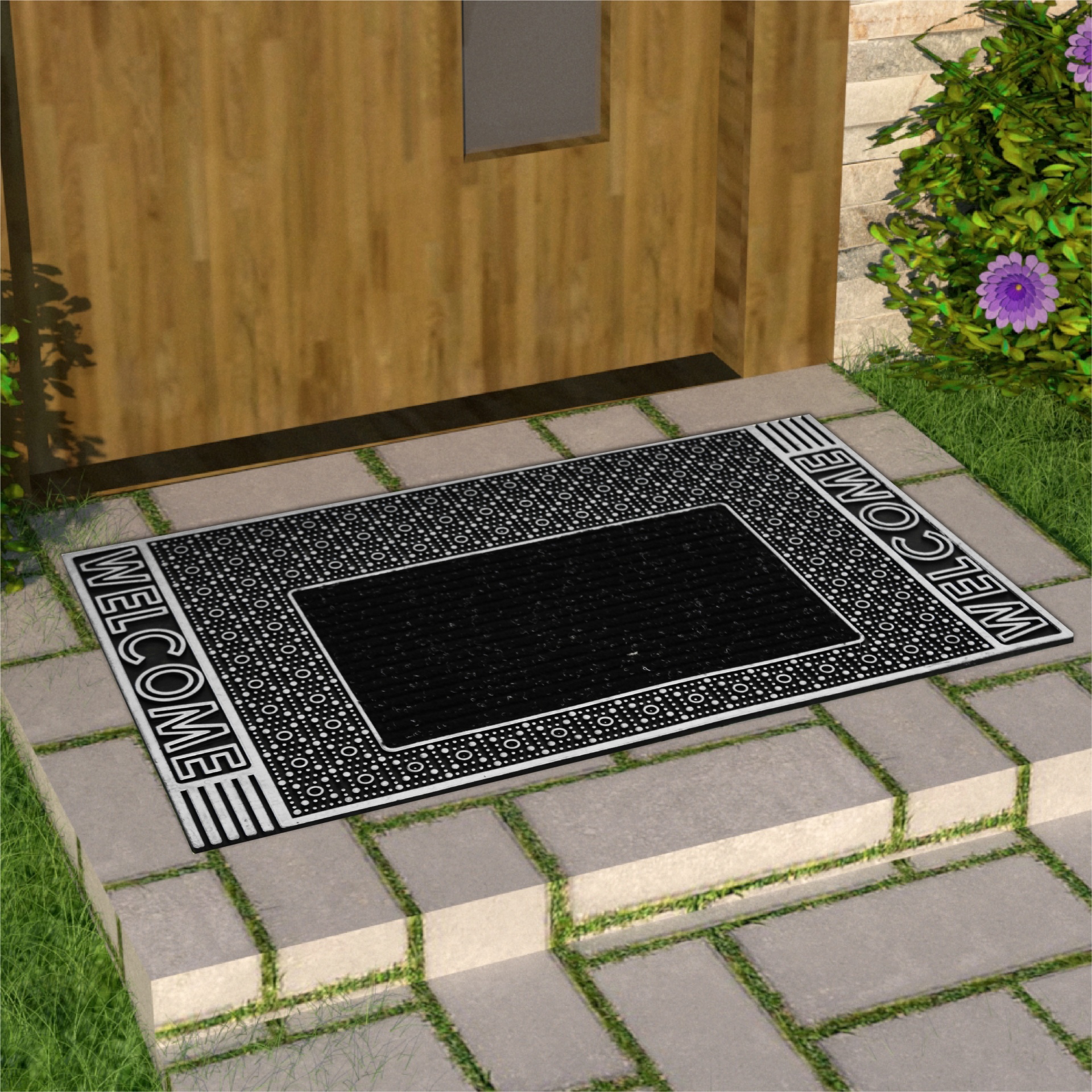 Tapete de boas-vindas preto e branco com padrão geométrico na entrada de casa