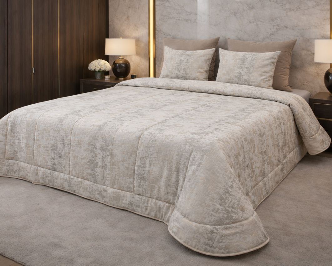 Conjunto de cama em tons bege e cinza claro com padrão texturizado numa cama ampla