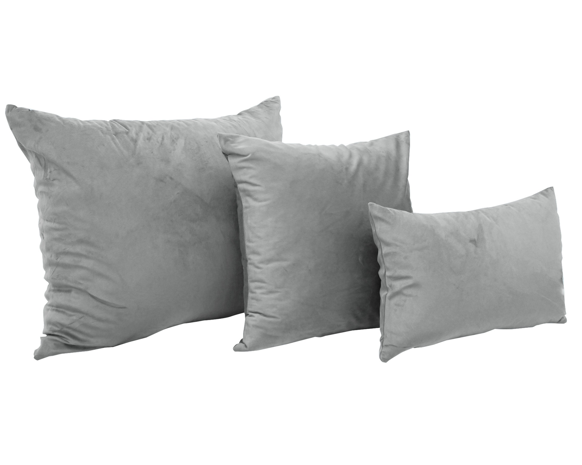 Três almofadas cinzentas de vários tamanhos com textura aveludada