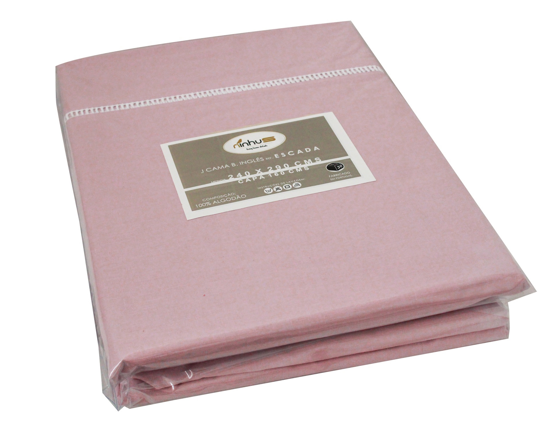 Conjunto de lençóis rosa embalado com etiqueta visível