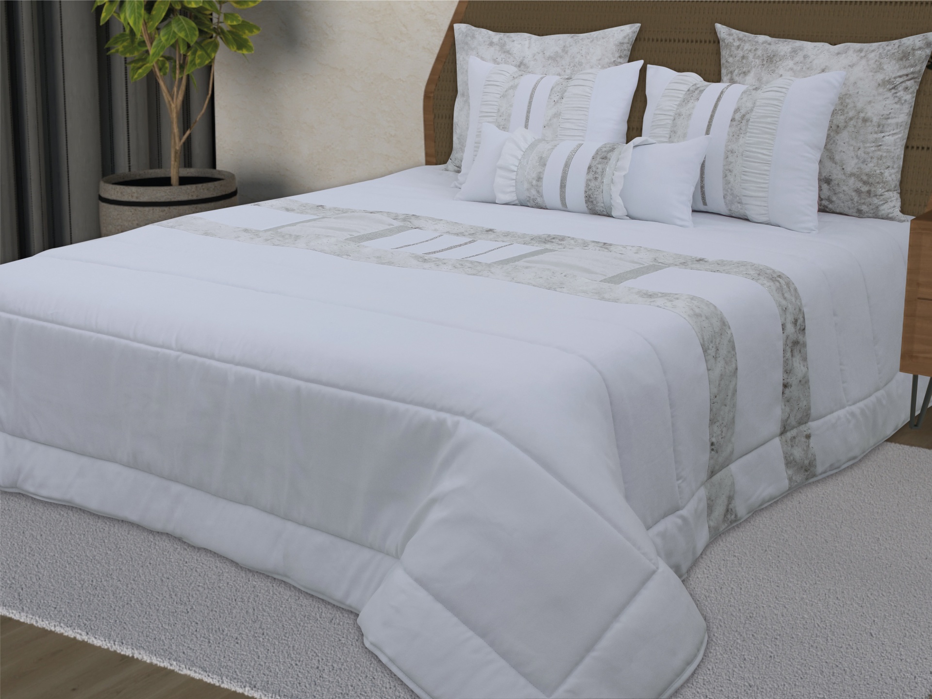 Cama com edredão branco com detalhes cinza e almofadas decorativas cinza e branco