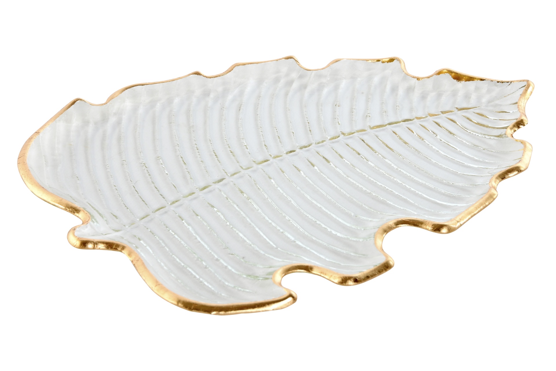Prato decorativo em forma de folha branco com bordas douradas