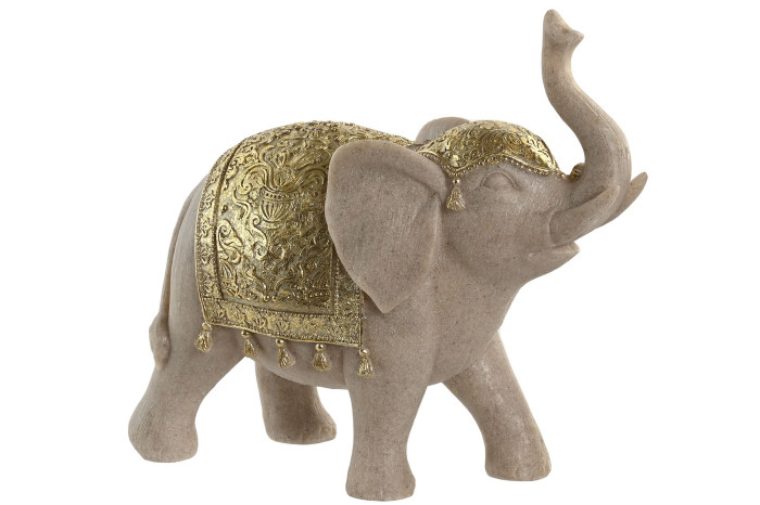 Figura decorativa de elefante castanha clara com manto dourado