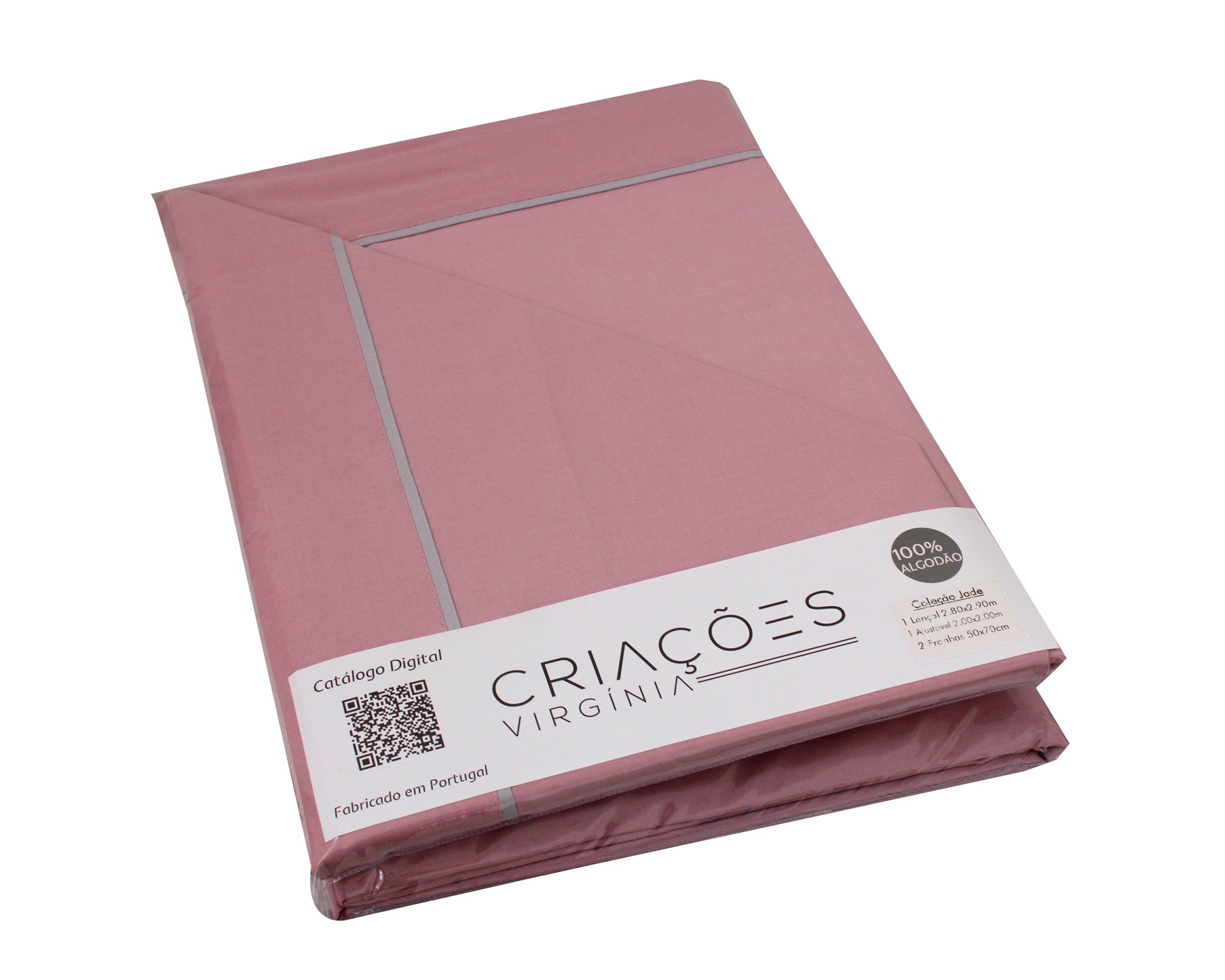 Conjunto de roupa de cama rosa com embalagem branca e texto CRIAÇÕES VIRGINIA