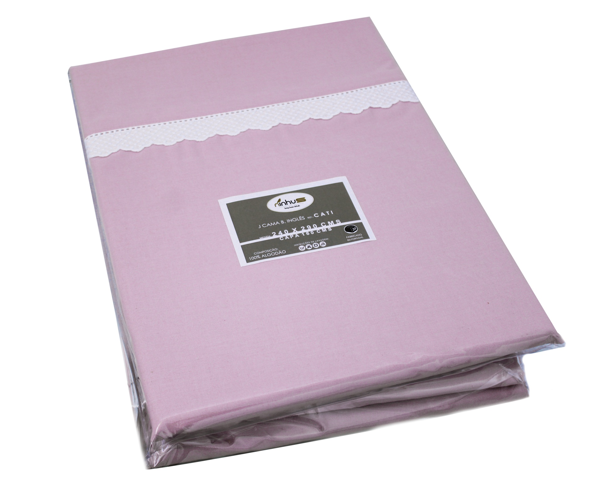 Conjunto de lençóis rosa suave com faixa branca em embalagem plástica