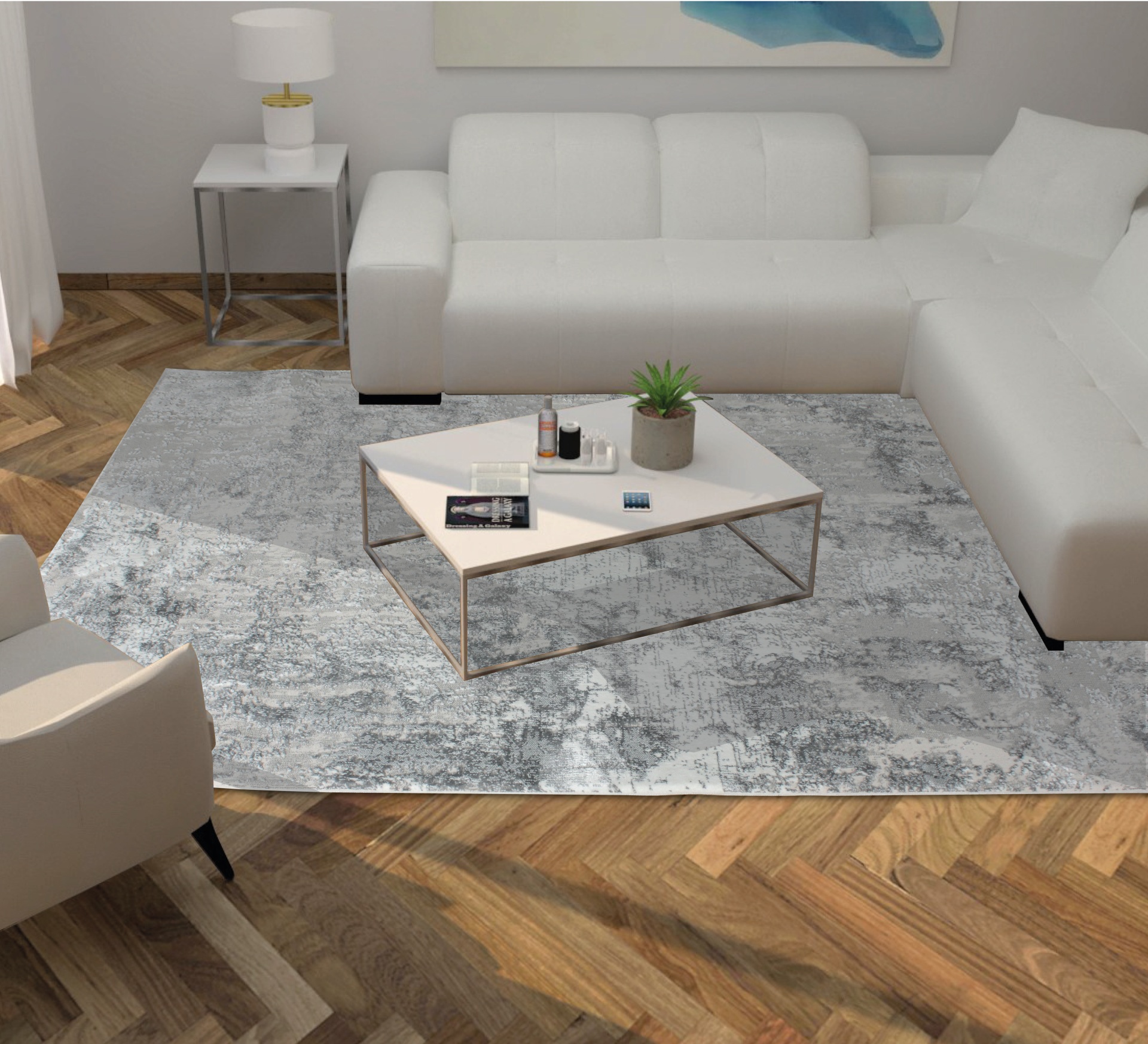 Tapete cinza claro com padrão abstrato numa sala com sofá branco e mesa de centro branca com estrutura metálica dourada.