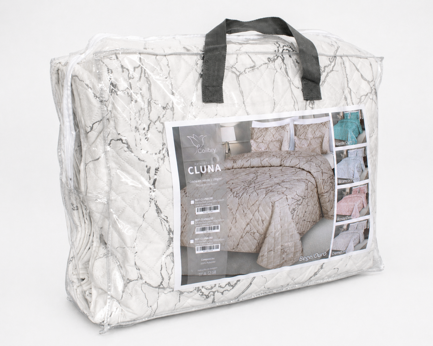 Edredão em veludo branco com padrão cinzento em embalagem transparente com etiqueta e alças pretas.