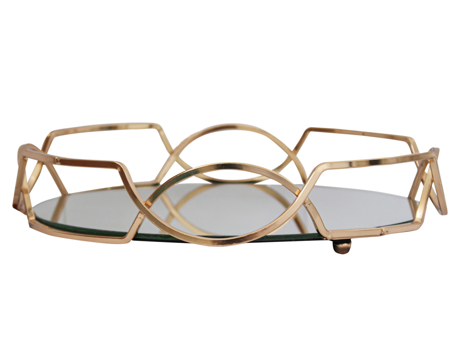 Bandeja decorativa metálica dourada com base em vidro espelhado