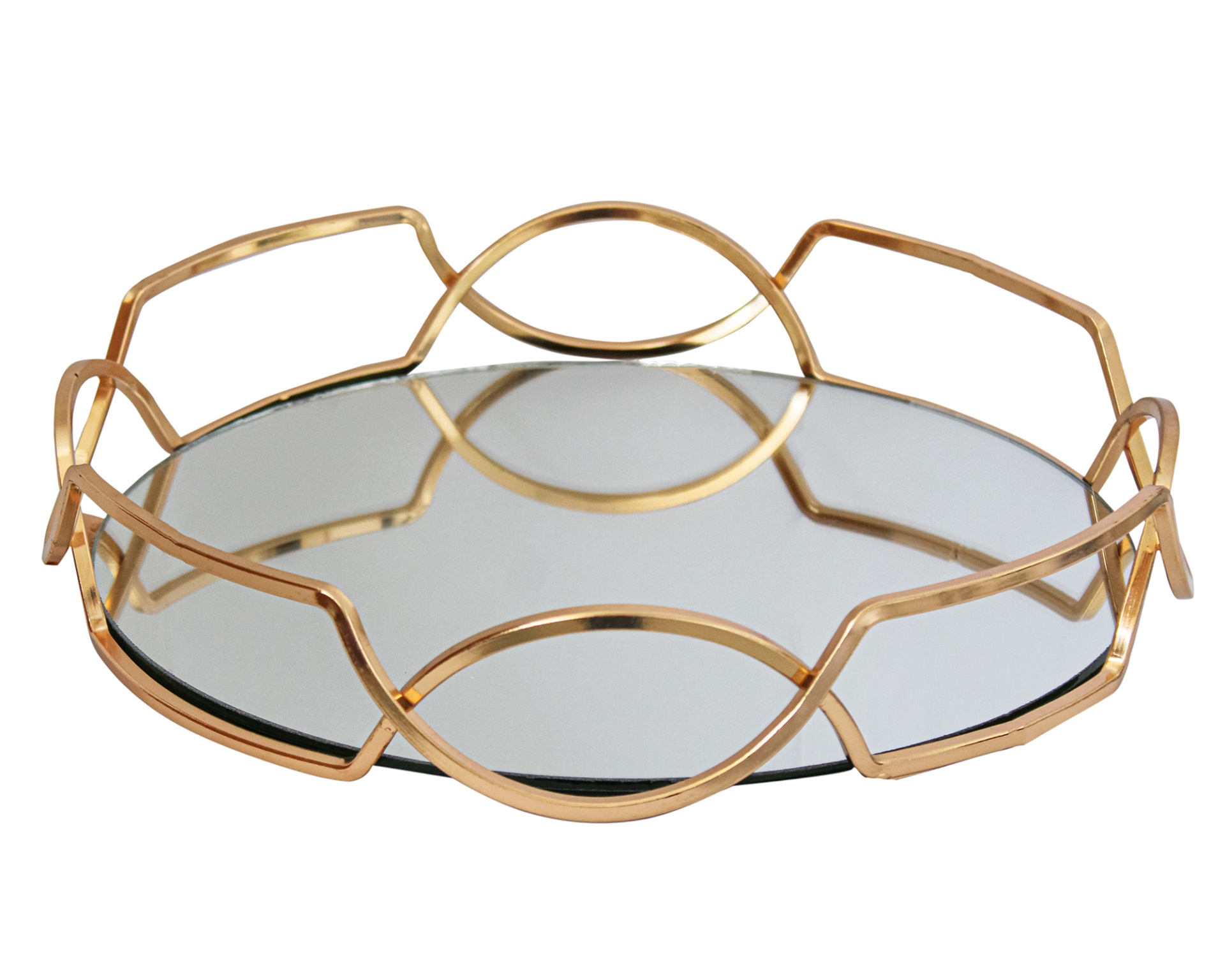 Bandeja decorativa dourada com espelho e design geométrico