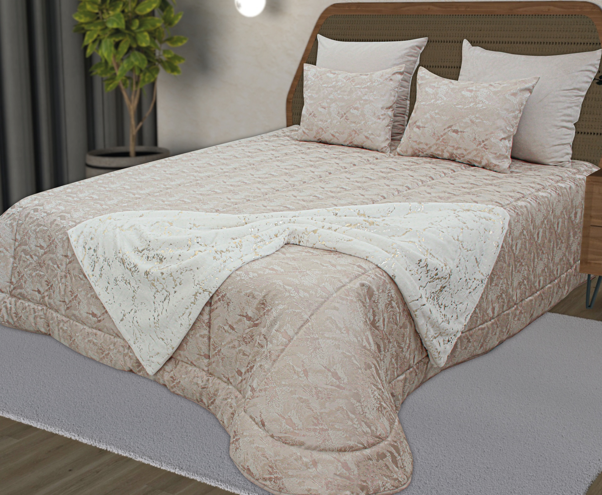 Conjunto de cama bege com edredão, almofadas e manta branca decorativa