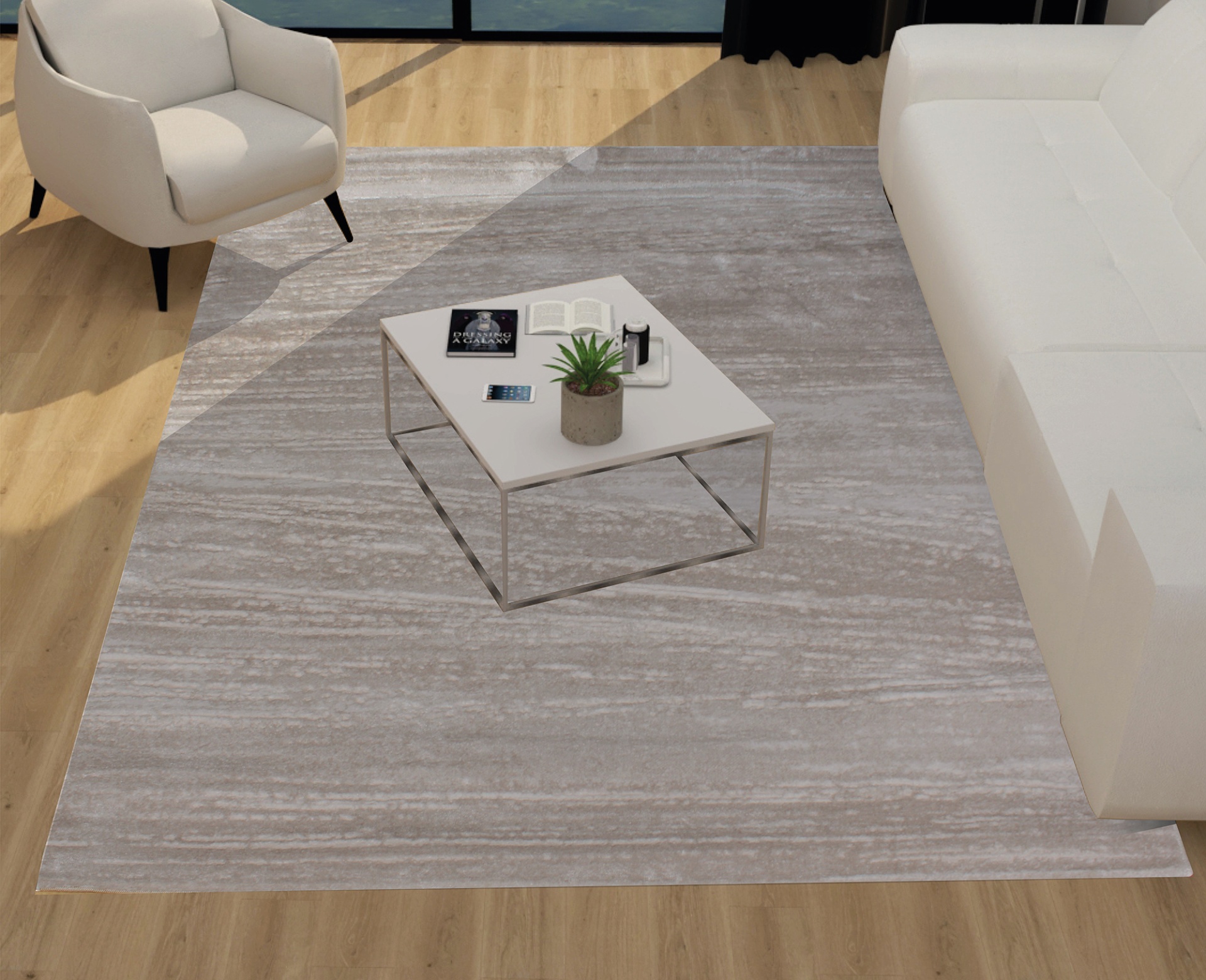 Tapete cinza claro listrado numa sala com sofá branco, poltrona branca, mesa de centro branca e chão de madeira