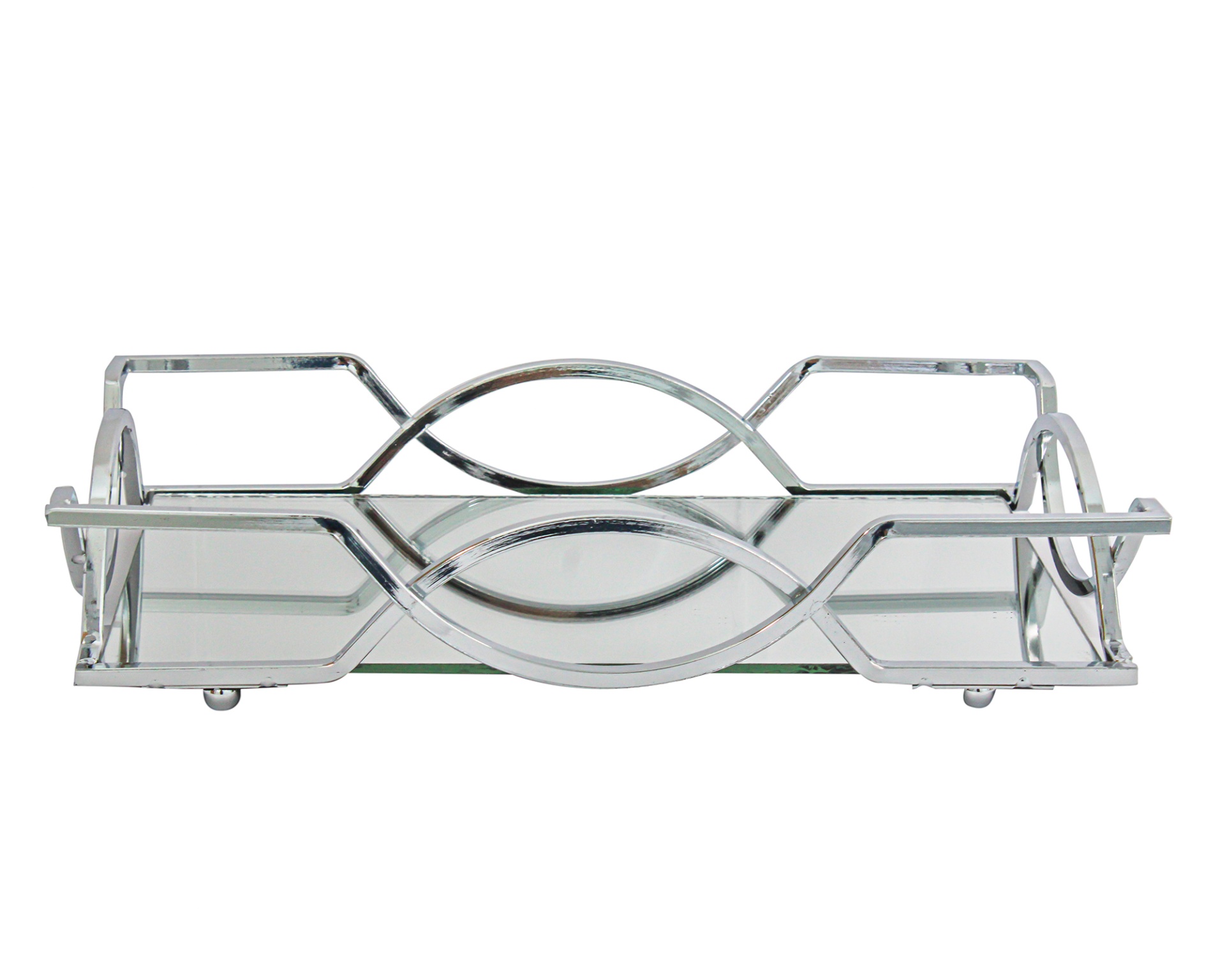 Tabuleiro retangular em metal cromado com base espelhada e padrão decorativo circular e oval nas laterais