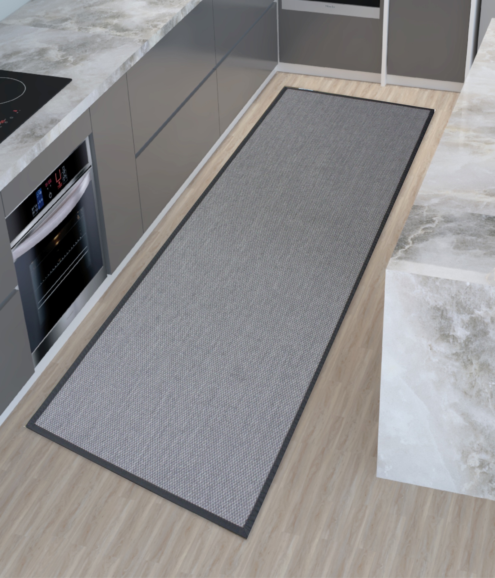 Tapete cinza claro com borda cinza escuro numa cozinha moderna com armários cinza e bancadas em pedra clara