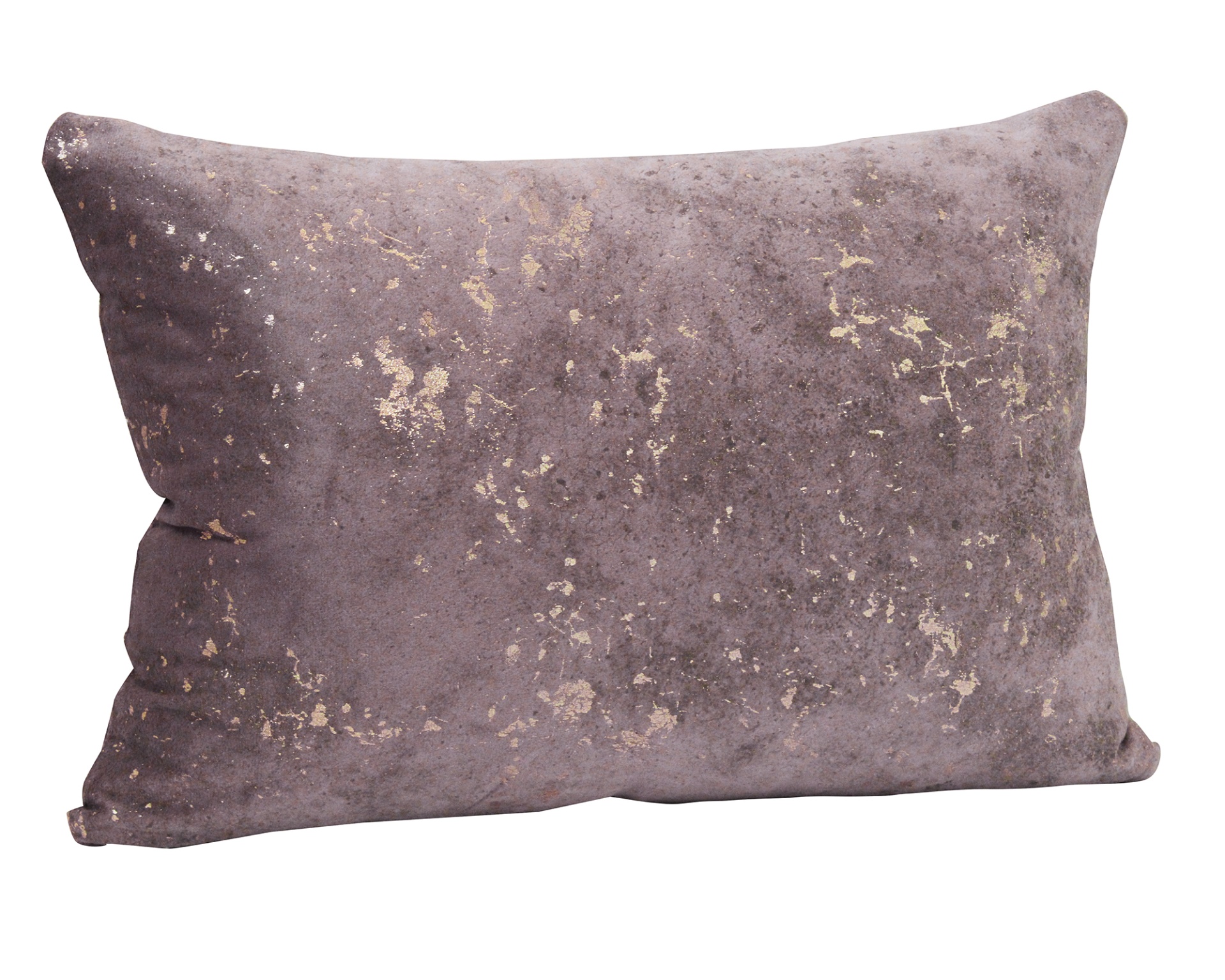 Almofada retangular lilás com manchas douradas e textura aveludada