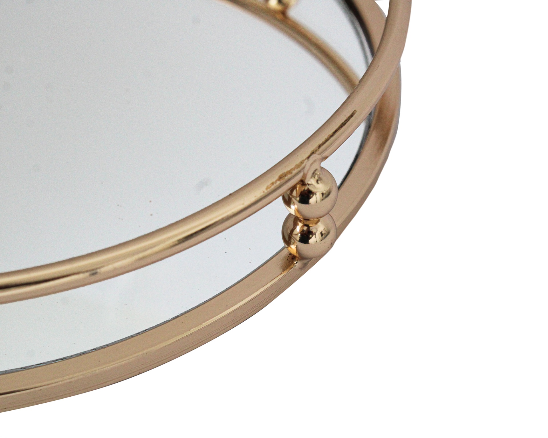 Bandeja redonda espelhada com estrutura metálica dourada