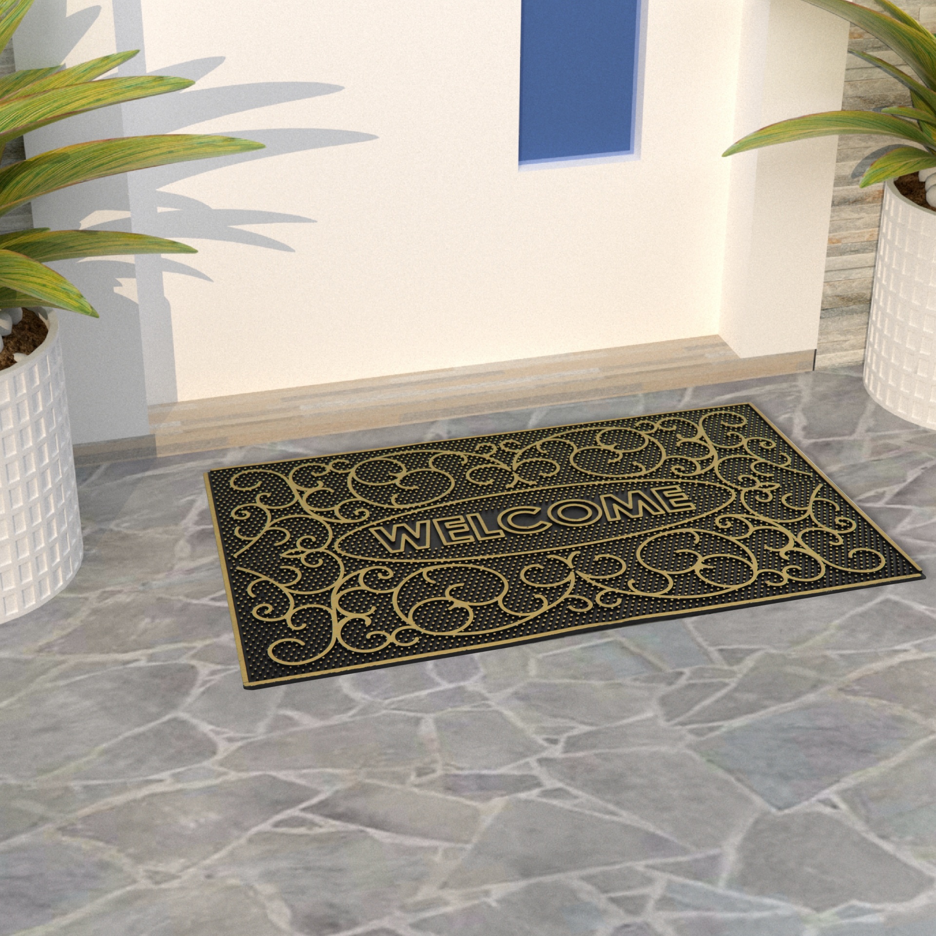 Tapete preto e dourado com a palavra WELCOME à frente de porta branca com plantas