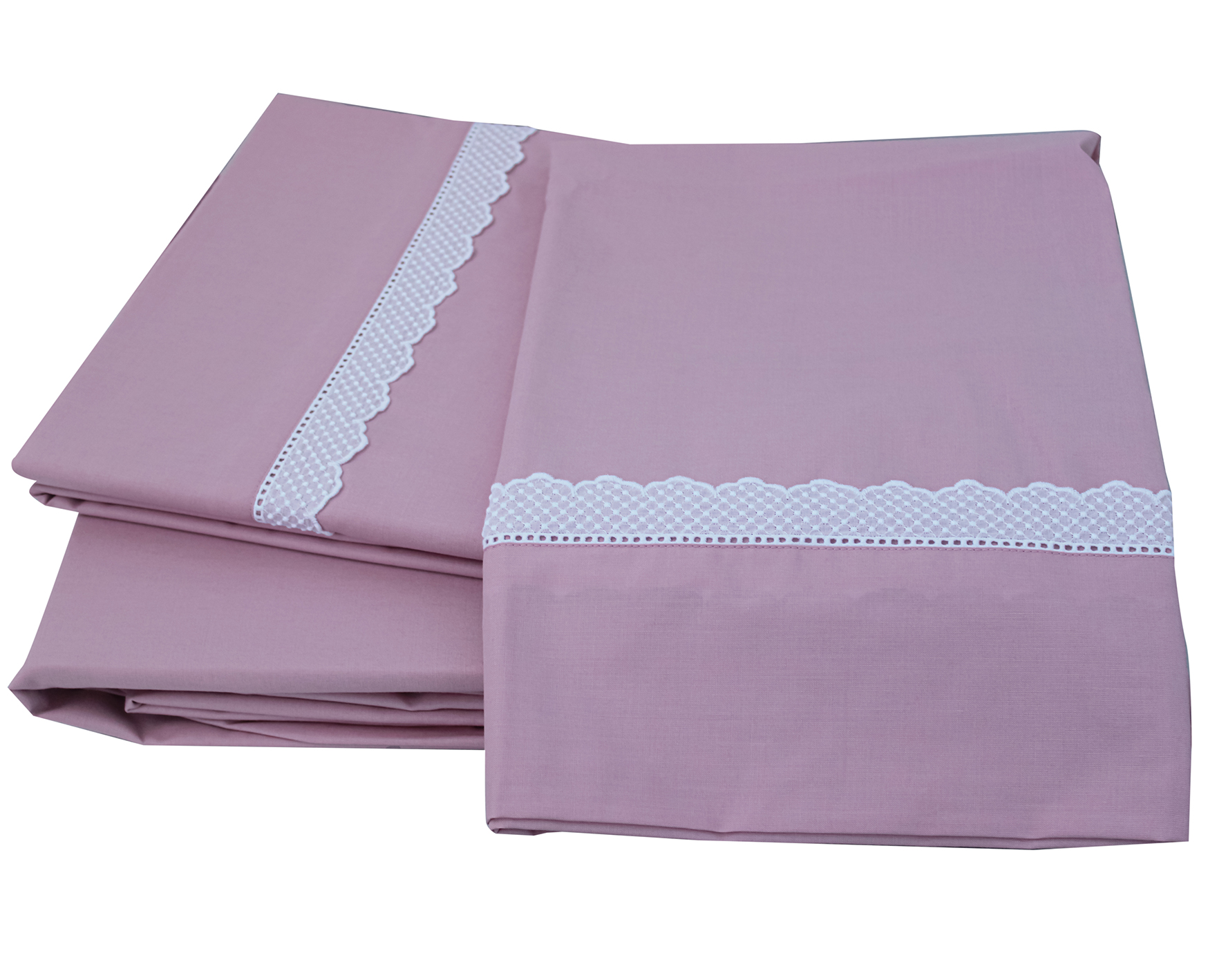 Conjunto de roupa de cama rosa com faixa rendada branca