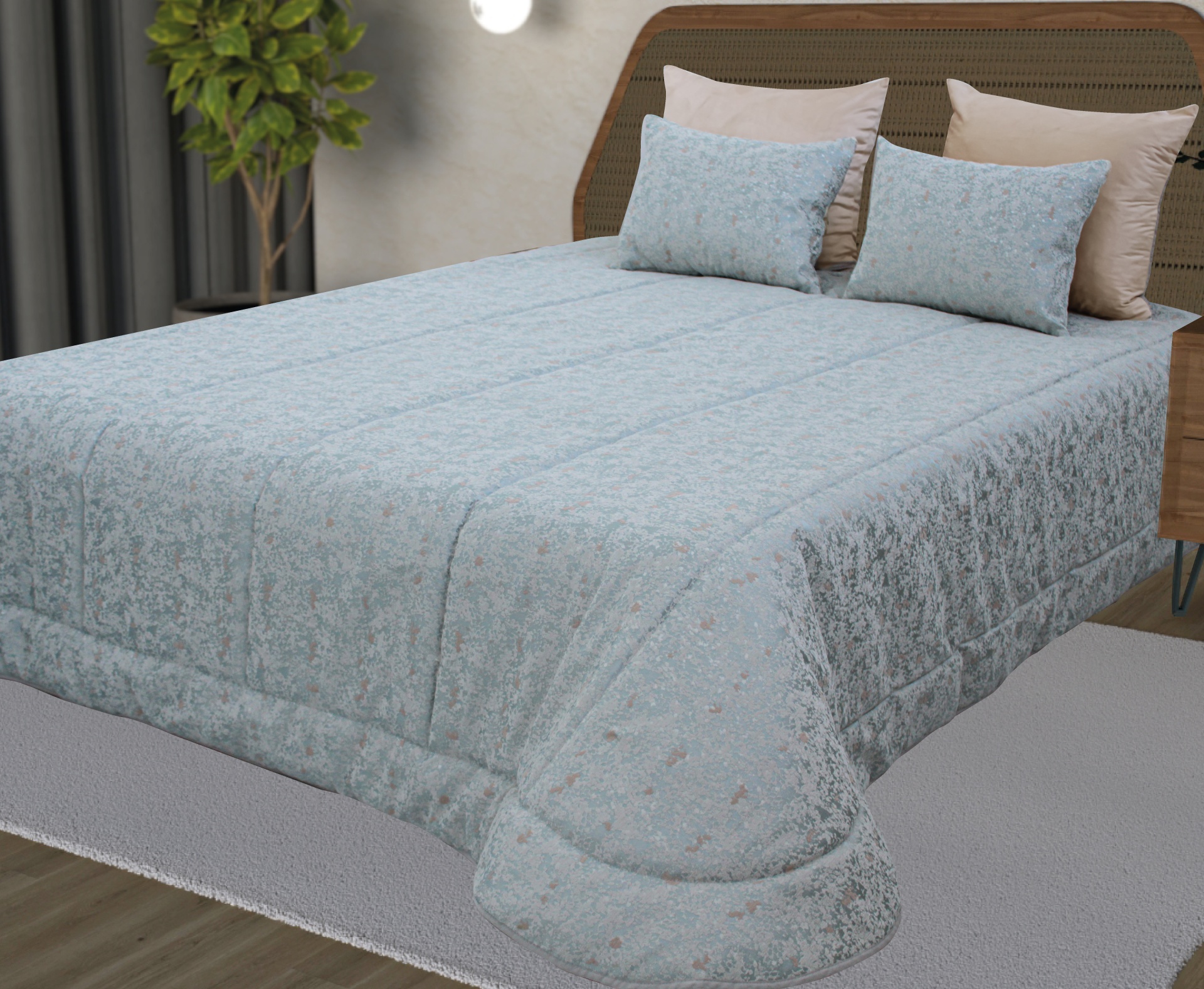 Cama com edredão azul claro estampado e almofadas retangulares no quarto